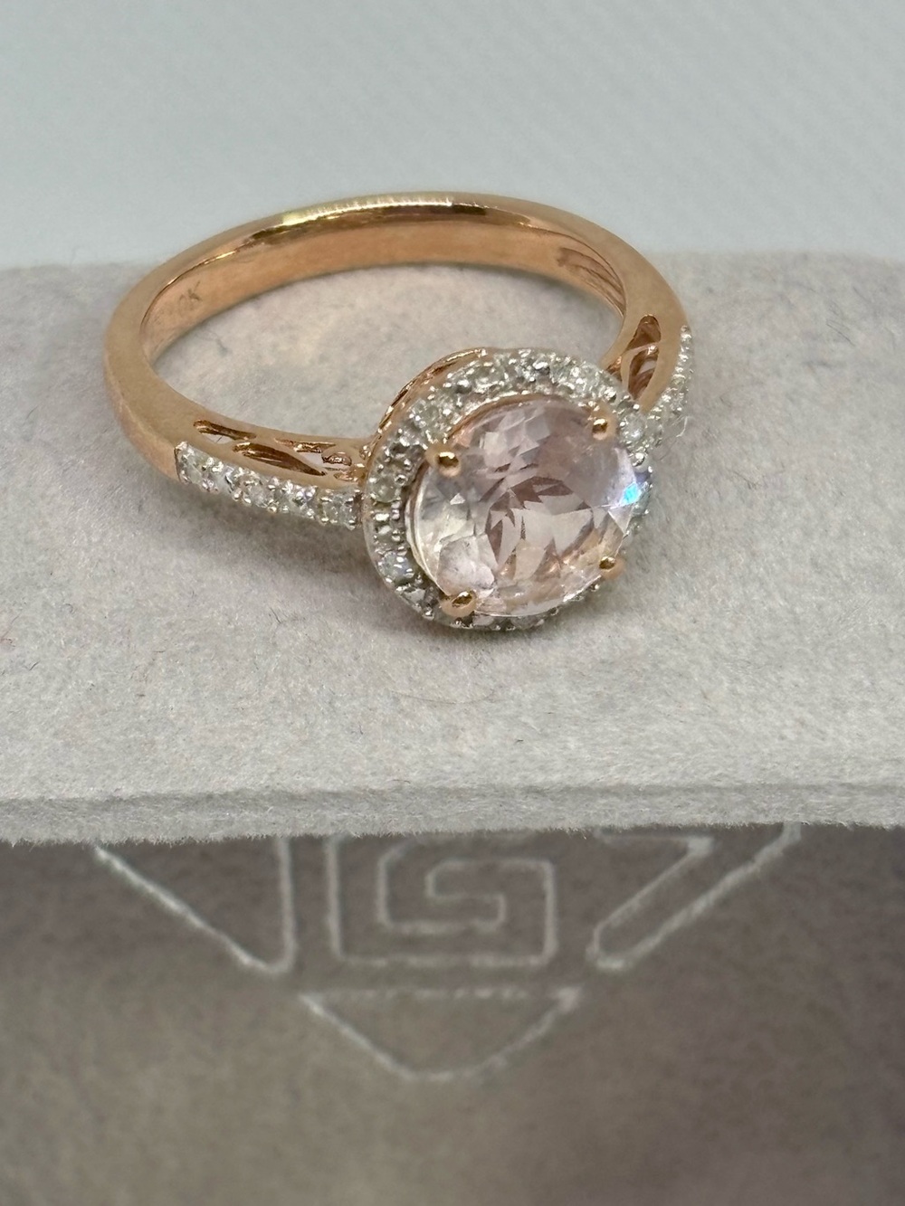 10K Rose Gold Halo Ring with Light Pink Topaz, size 7